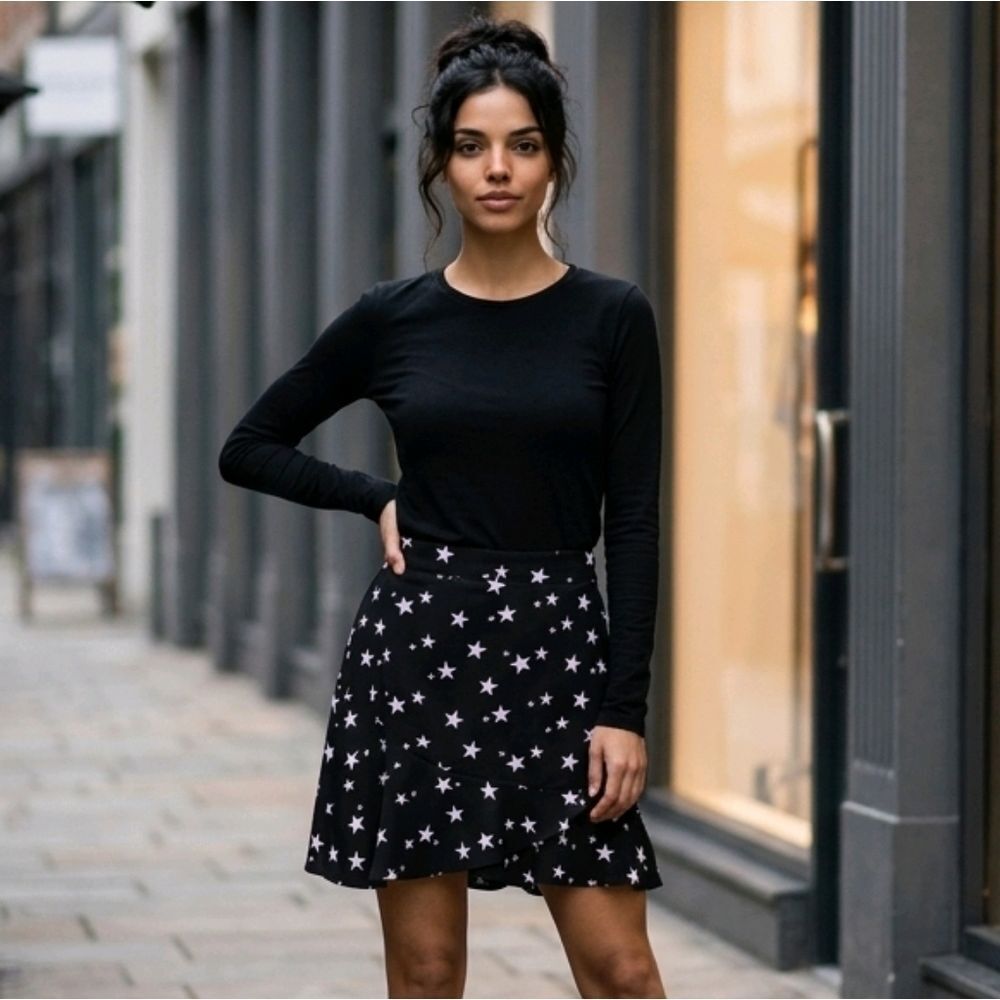 Nasty Gal Star Print Mini Skirt 10 Black High Waist Ruffle Y2K Festival Concert